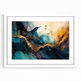 Abstract figurative wall art design showcasing vibrant colors and dynamic shapes in a white frame with a mat, ideal for modern decor.