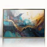 Framed abstract figurative wall art design showcasing gold and black hues, with a sleek acrylic front, ideal for modern home decor.