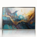 Framed abstract figurative wall art in silver acrylic, showcasing a modern design with fluid shapes and vibrant colors, perfect for contemporary decor.