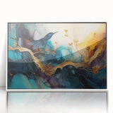 Framed abstract figurative wall art featuring vibrant colors and dynamic shapes, displayed in a sleek white frame for modern decor.