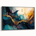 Framed abstract figurative wall art piece showcasing vibrant colors and dynamic shapes, presented in a sleek black frame, side view.