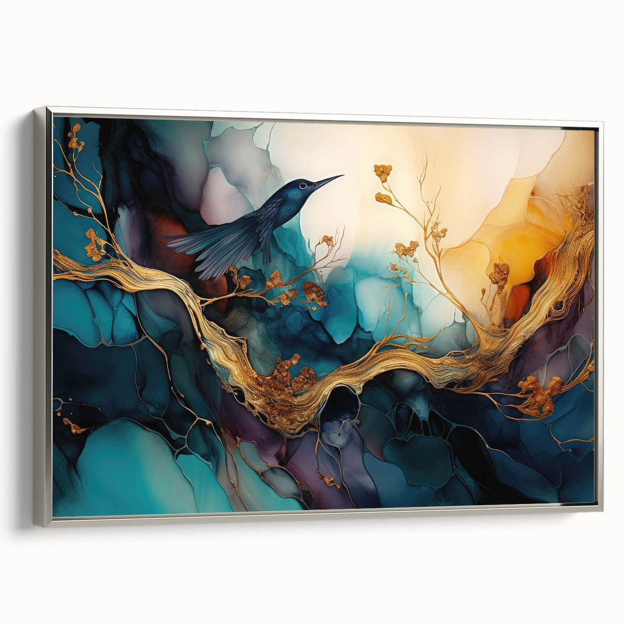 Framed abstract figurative wall art in silver, showcasing a contemporary design with vibrant colors and dynamic shapes, perfect for modern decor.