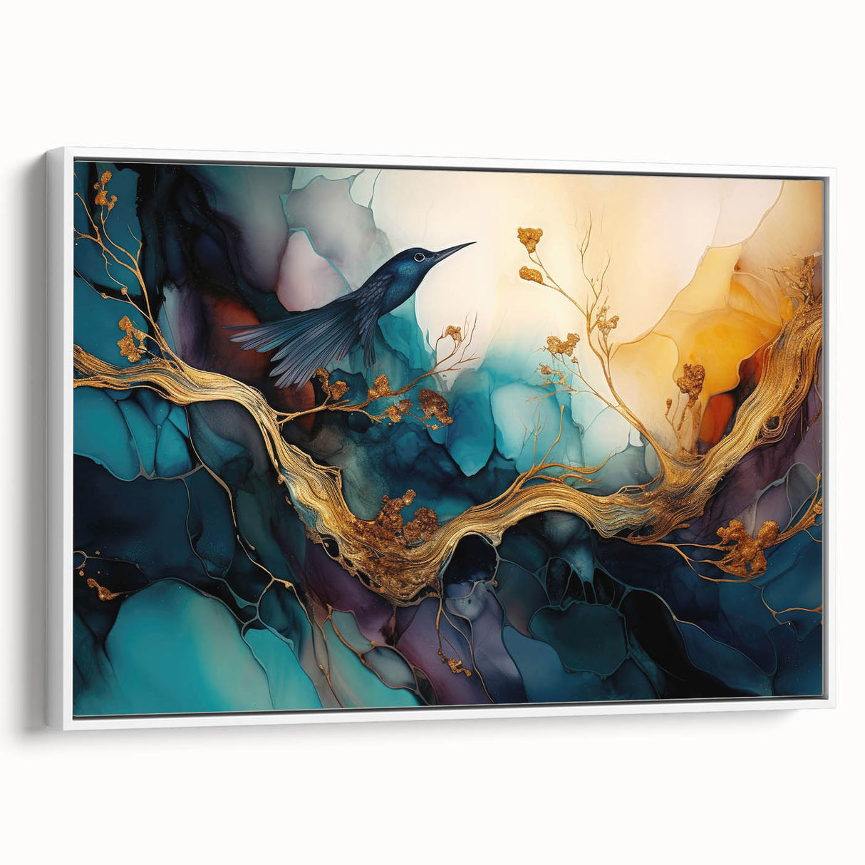 Framed abstract figurative wall art showcasing vibrant colors and dynamic shapes, elegantly displayed against a white background.