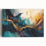Abstract figurative wall art design on stretched canvas, showcasing vibrant colors and dynamic shapes, perfect for modern home decor.