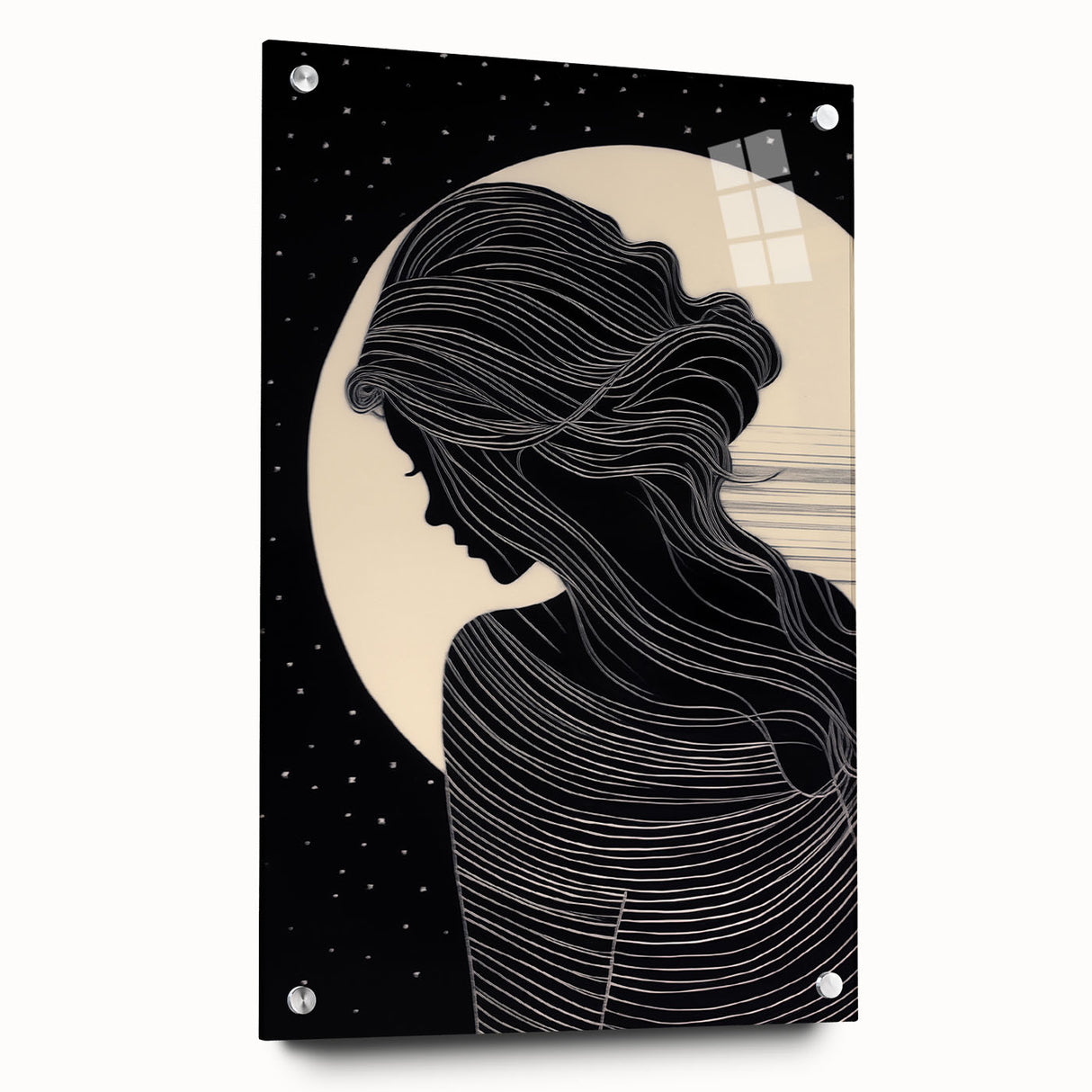 Abstract figurative wall art collection displayed in an acrylic glass frame, showcasing vibrant colors and modern design elements, ideal for contemporary decor.