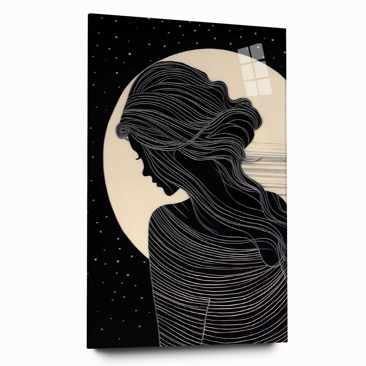 Abstract figurative wall art design displayed in acrylic glass, showcasing vibrant colors and dynamic shapes from a side view, perfect for modern decor.