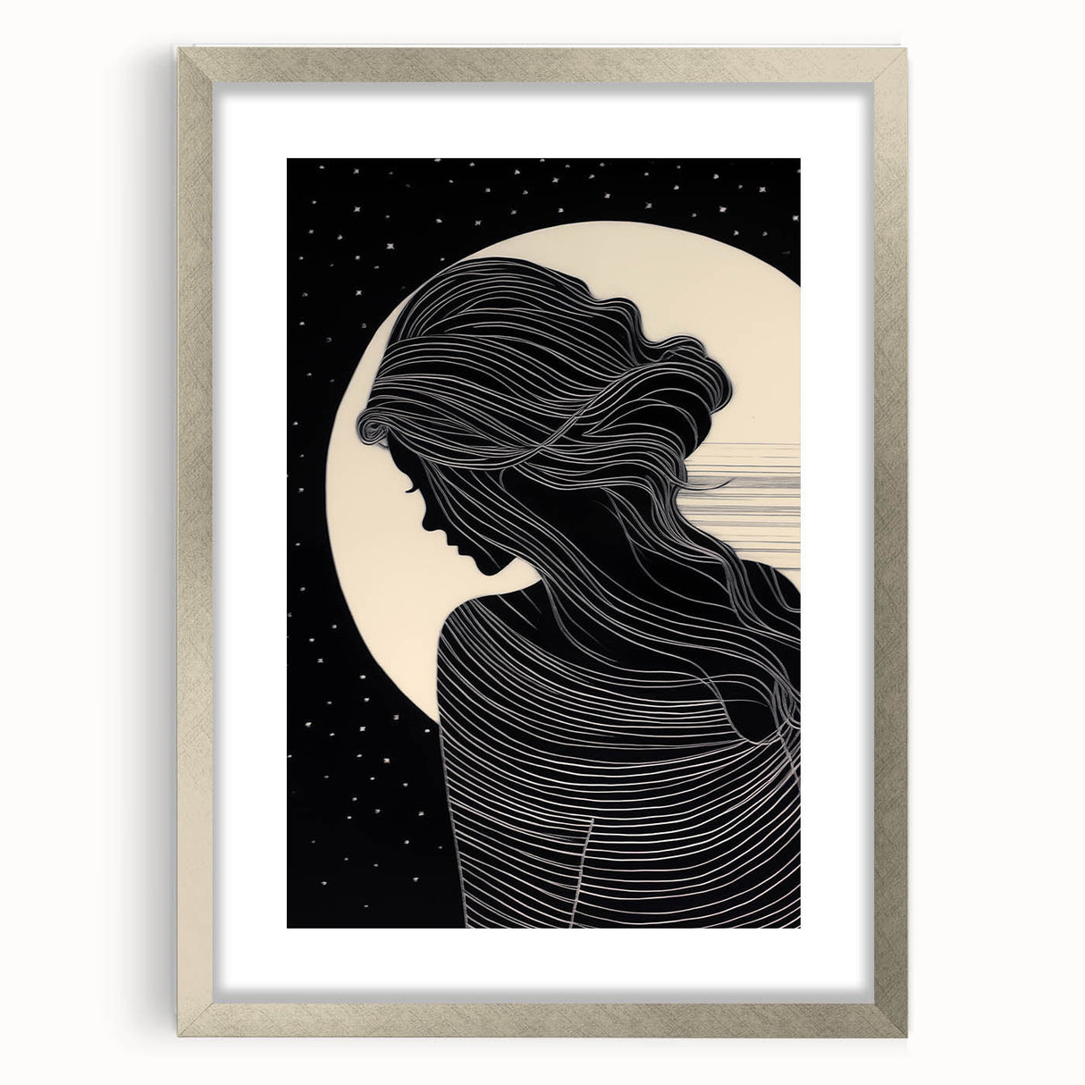 Framed abstract figurative wall art in silver, showcasing a modern design with vibrant colors and a sleek mat for an elegant display.