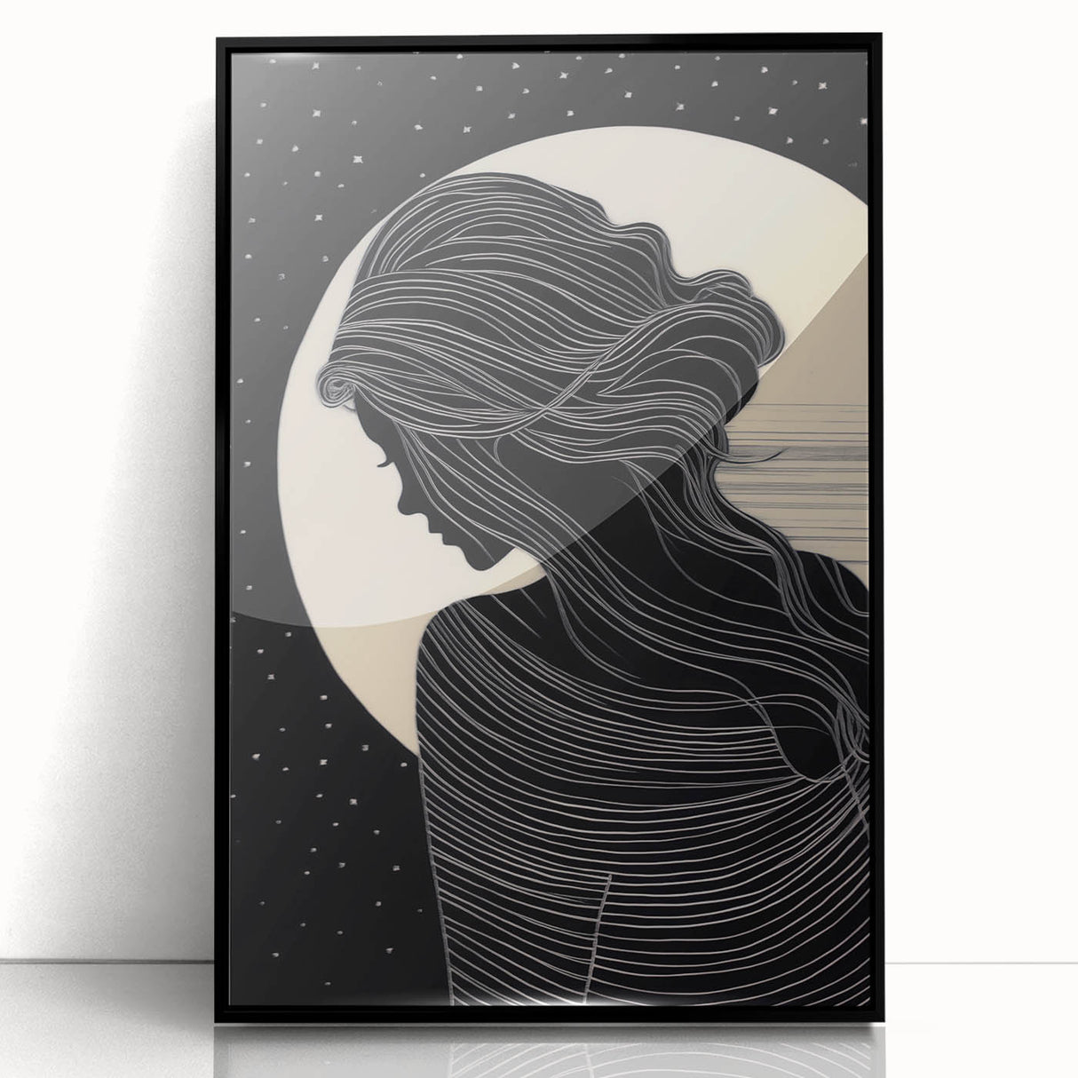 Framed abstract figurative wall art with a black frame, showcasing vibrant colors and dynamic shapes, ideal for modern decor.