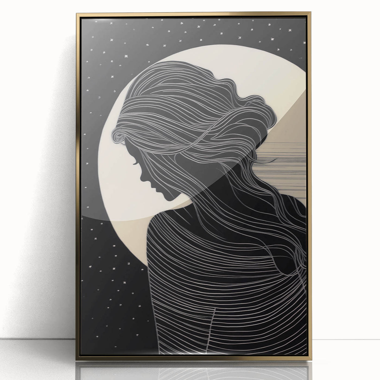 Framed abstract figurative wall art featuring a gold-accented design with vibrant colors and modern aesthetics, perfect for contemporary decor.