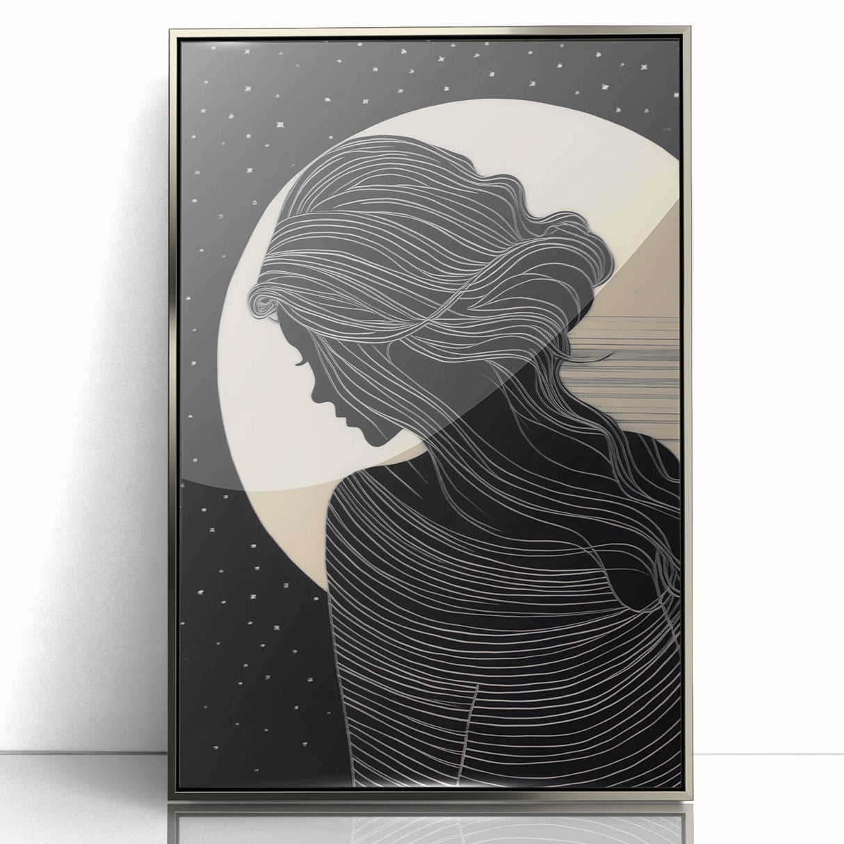 Framed abstract figurative wall art design featuring a silver acrylic front, showcasing modern shapes and textures, perfect for contemporary decor.