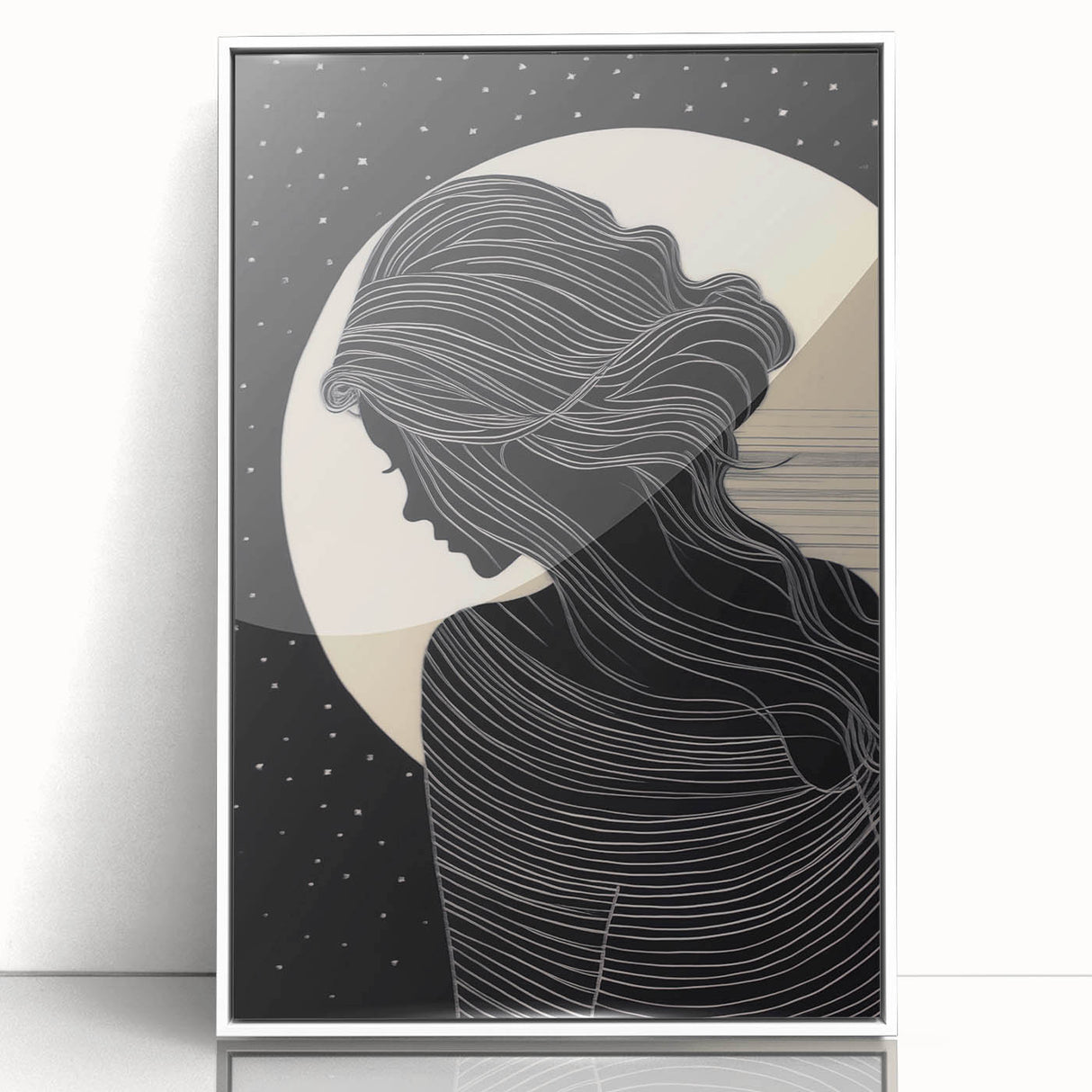 Framed abstract figurative wall art design showcasing vibrant colors and dynamic shapes, presented in a sleek white frame for modern decor.