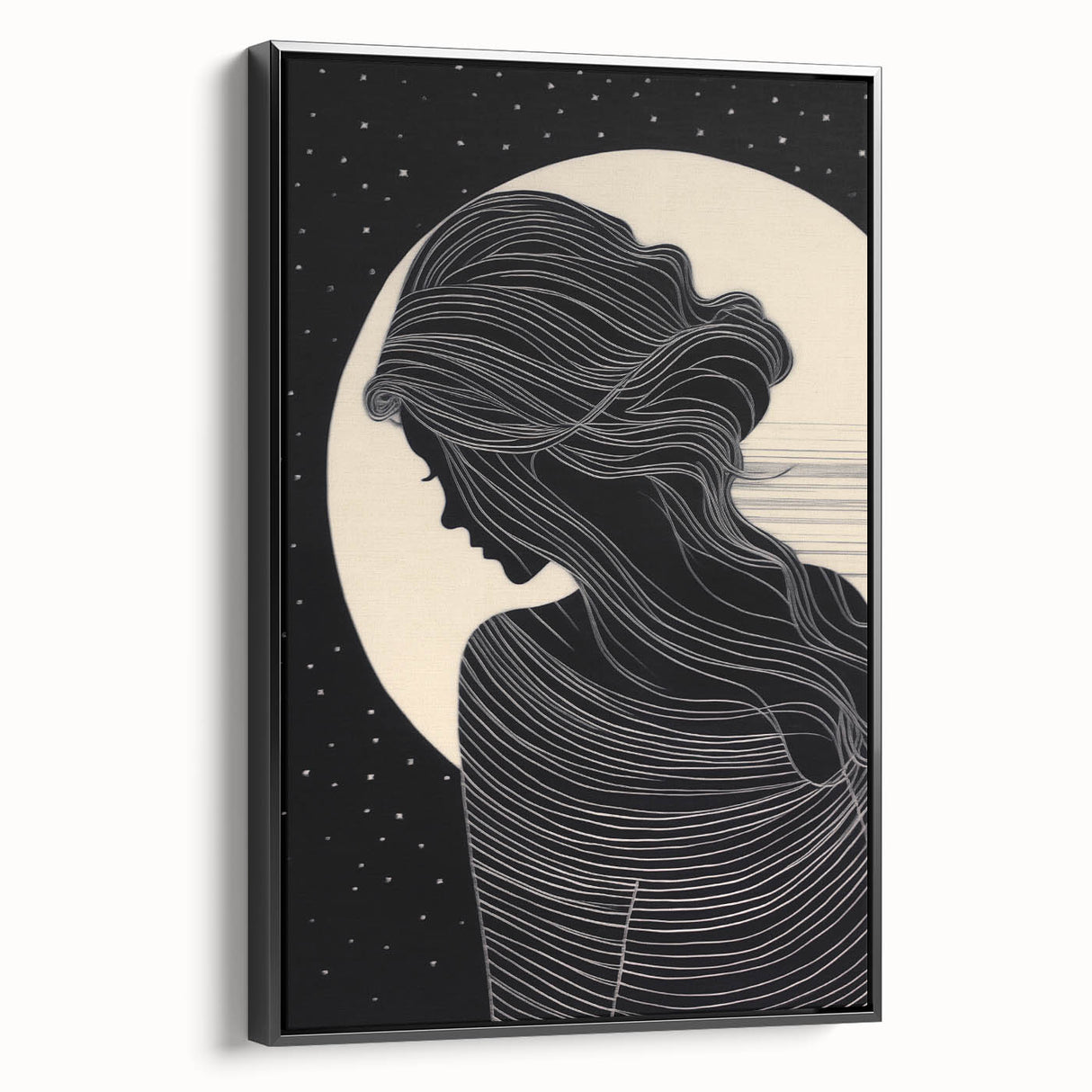 Framed abstract figurative wall art design showcasing vibrant colors and dynamic shapes, presented in a sleek black frame for modern decor.