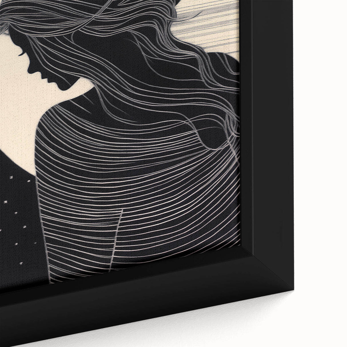 Close-up view of an abstract figurative design wall art piece, showcasing vibrant colors and intricate textures in a sleek black frame, perfect for modern decor.