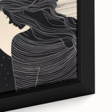 Close-up view of an abstract figurative design wall art piece, showcasing vibrant colors and intricate textures in a sleek black frame, perfect for modern decor.