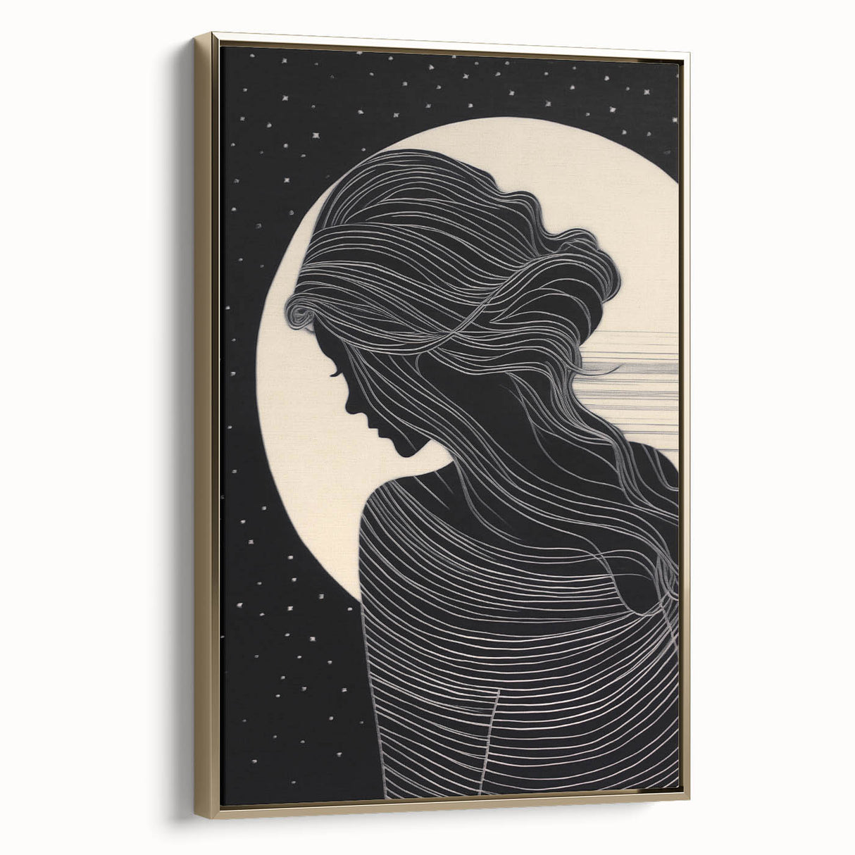 Framed abstract figurative wall art in gold tones, showcasing dynamic shapes and textures, ideal for modern home decor.
