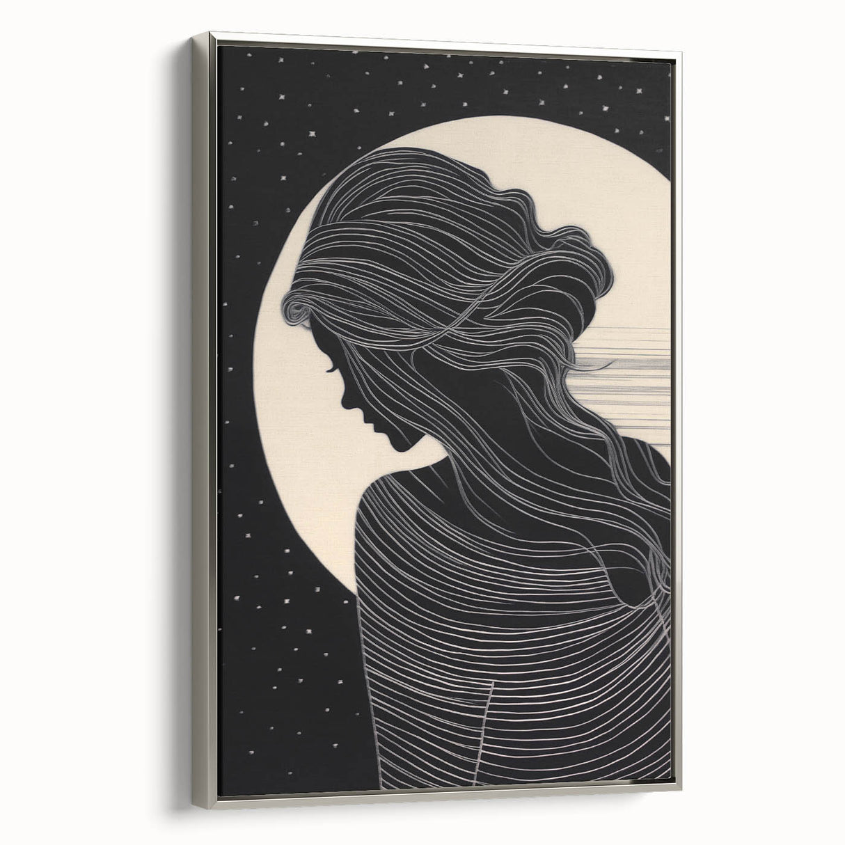 Framed abstract figurative wall art collection showcasing a dynamic design with silver accents, viewed from the side to highlight depth and texture.