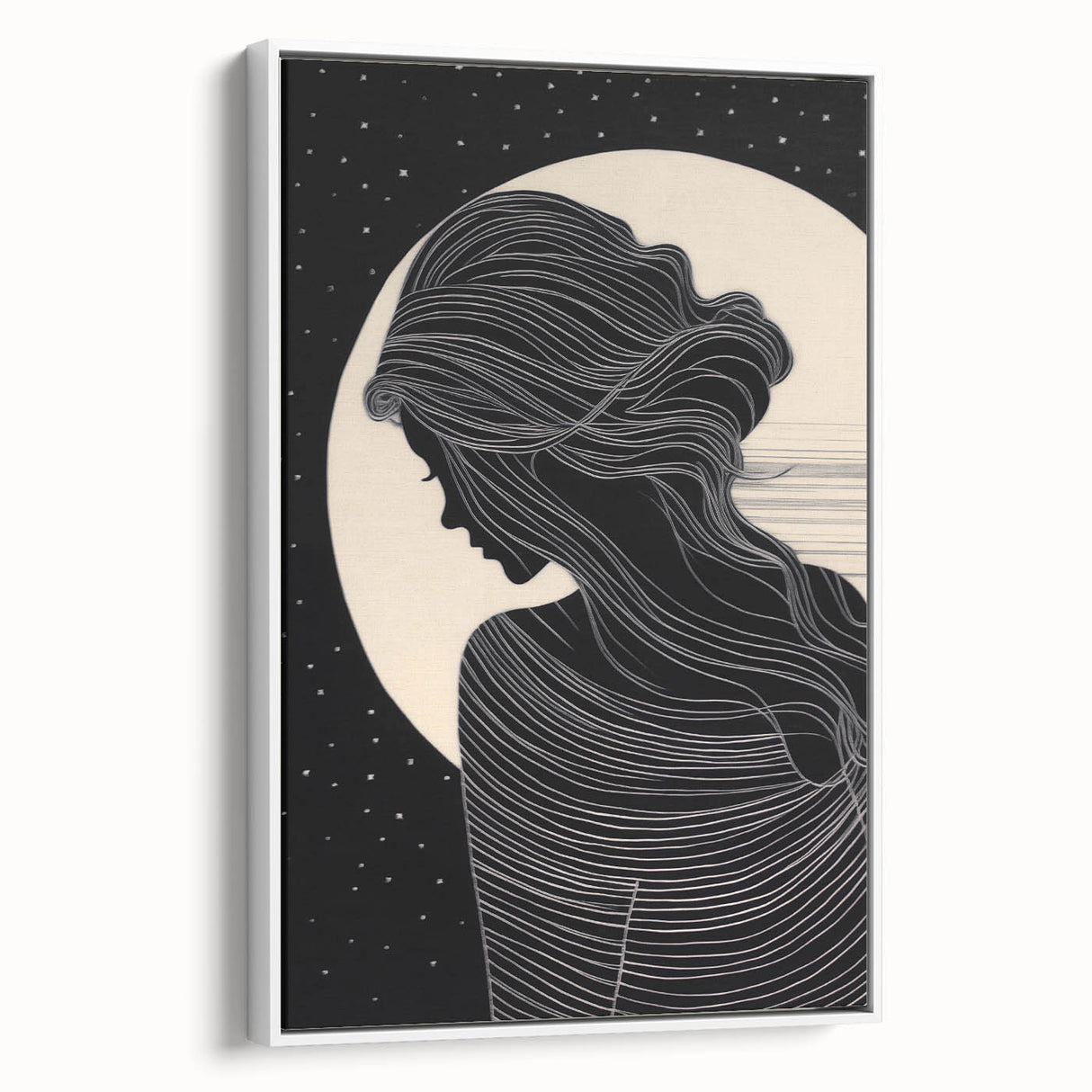 Framed abstract figurative wall art showcasing vibrant colors and dynamic shapes, set against a modern white frame from a side view.