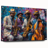 Acrylic glass wall art collection showcasing an abstract figurative design with vibrant colors and a modern aesthetic, displayed with pins for an elegant side view.