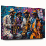 Abstract figurative wall art collection displayed in sleek acrylic glass, showcasing vibrant colors and modern design elements from a side view.