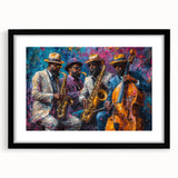 Framed abstract figurative wall art design showcasing vibrant colors and unique shapes, set in a sleek black frame with a mat.