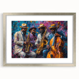 Framed abstract figurative wall art with a silver mat, showcasing colorful shapes and dynamic patterns, perfect for modern decor.