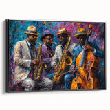 Framed abstract figurative wall art in a sleek black frame, showcasing vibrant colors and dynamic shapes, perfect for modern decor.