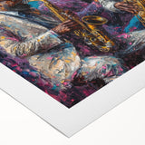 Abstract figurative design wall art on rolled canvas, showcasing vibrant colors and dynamic shapes, ideal for modern home decor.