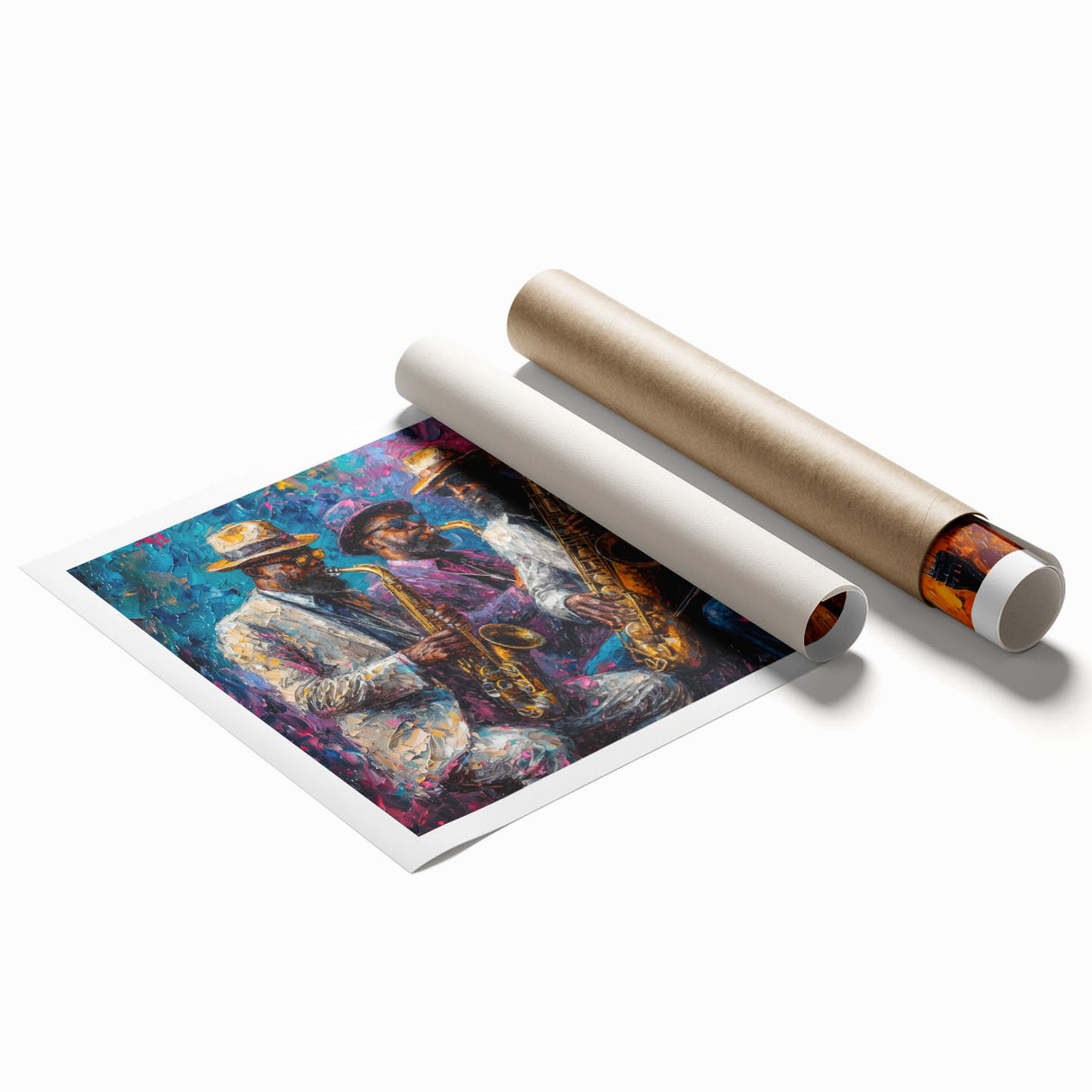 Abstract figurative wall art print showcasing vibrant colors and dynamic shapes, rolled for easy shipping and ready for framing.