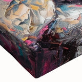 Close-up of a stretched canvas showcasing an abstract figurative design in vibrant colors, highlighting intricate brush strokes and textures ideal for modern decor.