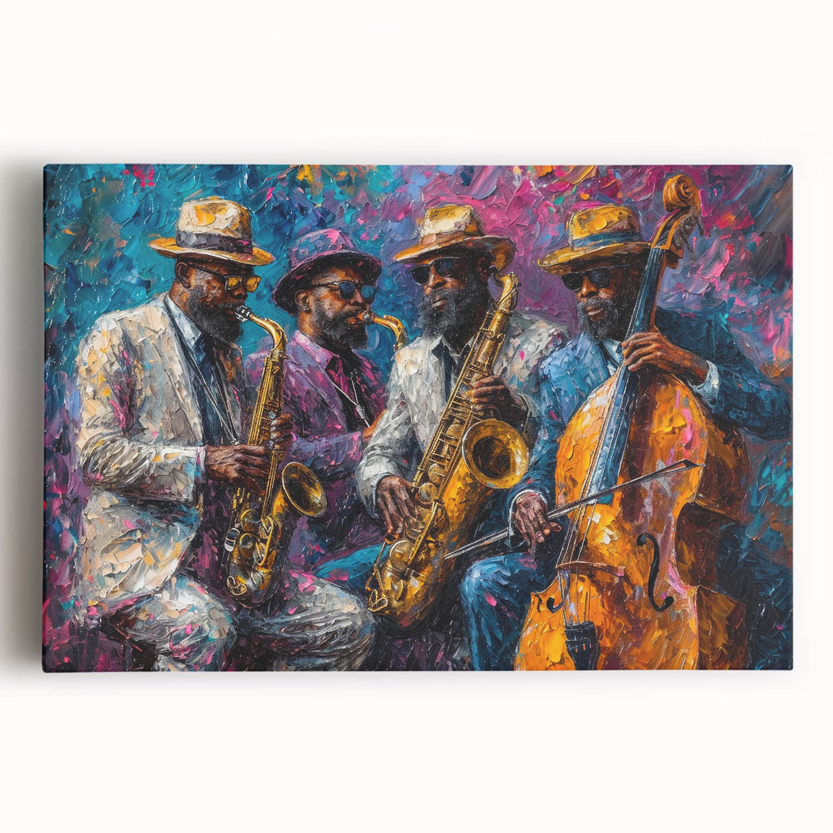 Abstract figurative wall art stretched canvas showcasing vibrant colors and dynamic shapes, perfect for modern home decor and artistic expression.