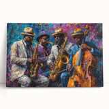 Abstract figurative wall art collection displayed on a stretched canvas, featuring vibrant colors and modern design elements, perfect for contemporary decor.