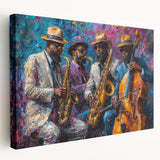 Stretched canvas wall art showcasing an abstract figurative design with vibrant colors and dynamic shapes, perfect for modern decor.