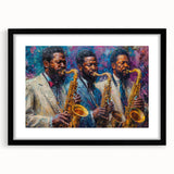 Abstract figurative wall art design with a sleek black frame and mat, showcasing vibrant colors and modern shapes, perfect for contemporary decor.