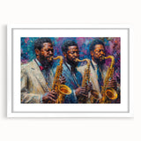 Framed abstract figurative wall art in a sleek white frame, showcasing vibrant colors and dynamic shapes, perfect for modern decor.