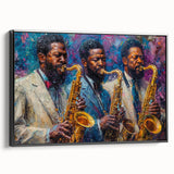 Framed abstract figurative wall art design showcasing vibrant colors and dynamic shapes, displayed in a sleek black frame against a neutral backdrop.