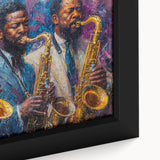 Close-up of a framed abstract figurative wall art piece showcasing vibrant colors and dynamic shapes, ideal for modern home decor.