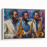 Framed abstract figurative wall art featuring a vibrant design in bold colors, showcased in a sleek white frame from a side view.