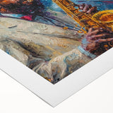 Abstract figurative wall art featuring vibrant colors and dynamic shapes on rolled canvas, perfect for modern home decor and artistic expression.