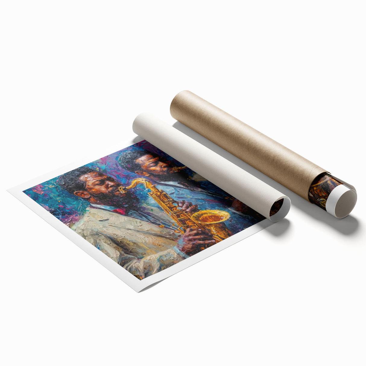 Abstract figurative wall art print showcasing vibrant colors and dynamic shapes, rolled and ready for framing to enhance any modern decor.