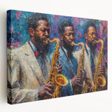 Abstract figurative wall art design on stretched canvas showcases vibrant colors and unique shapes, perfect for contemporary home decor.