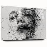 Abstract figurative wall art design showcasing vibrant colors and dynamic shapes, displayed in a sleek acrylic glass frame with decorative pins.