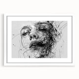 Abstract figurative wall art design featuring vibrant colors and dynamic shapes, elegantly framed in white with a smooth matte finish.