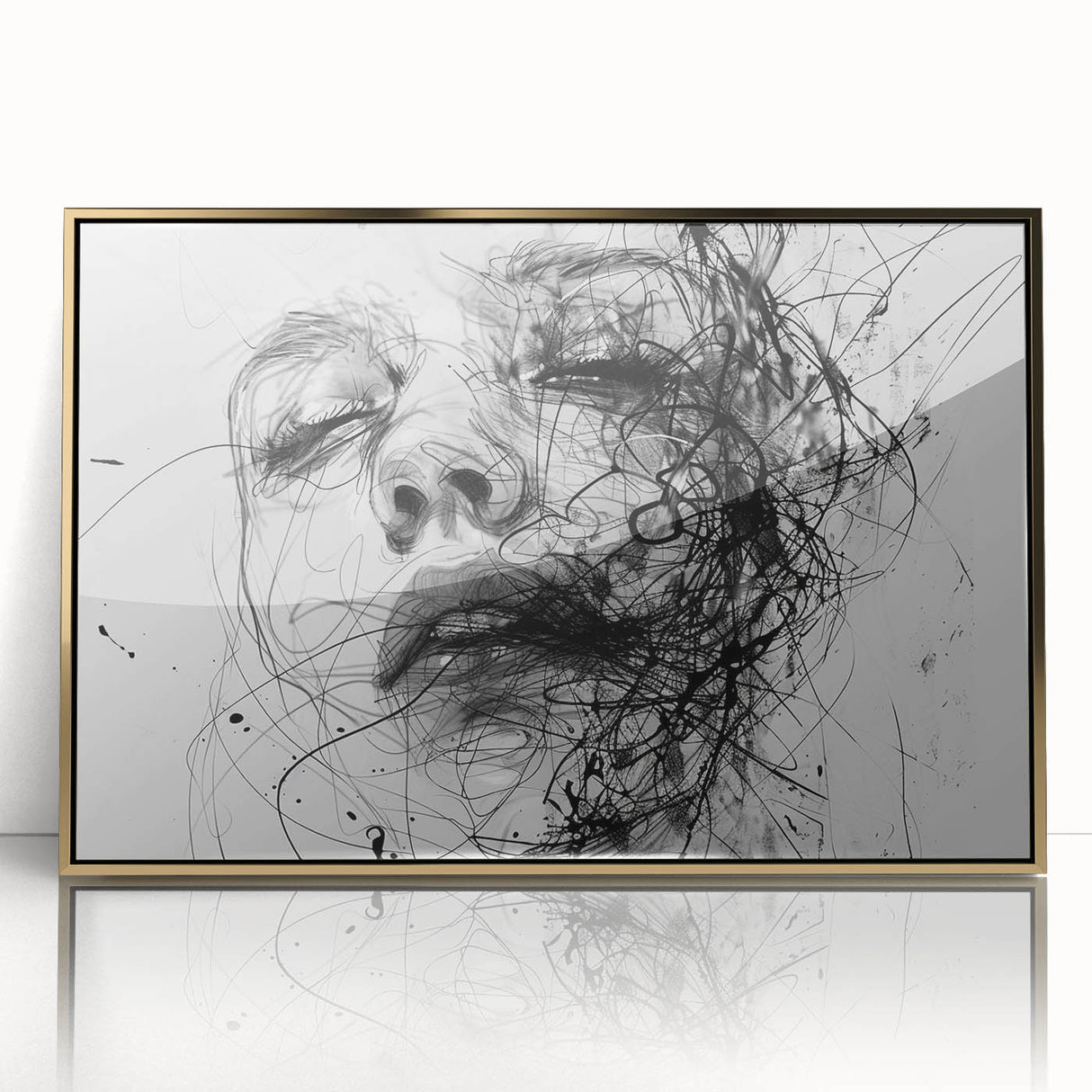 Framed abstract figurative wall art with gold accents, showcasing dynamic shapes and vibrant colors, perfect for modern home decor.