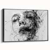 Framed abstract figurative wall art showcasing dynamic shapes and vibrant colors, presented in a sleek black frame with a side view.