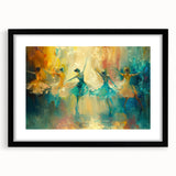 Abstract figurative wall art print featuring vibrant colors and dynamic shapes, elegantly framed with a sleek black mat, ideal for modern decor.