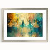 Abstract figurative wall art in a sleek silver frame, showcasing vibrant colors and unique shapes, perfect for modern home decor.