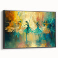 Framed abstract figurative wall art with a sleek black frame, showcasing dynamic shapes and vivid colors, perfect for modern decor.