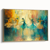 Framed abstract figurative wall art showcasing a vibrant gold design with textured details, elegantly displayed from a side view against a neutral background.