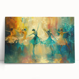 Abstract figurative wall art design on stretched canvas, featuring vibrant colors and dynamic shapes, ideal for modern home decor.