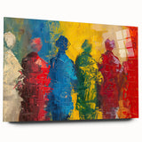 Abstract figurative wall art piece displayed on acrylic glass, showcasing vibrant colors and dynamic shapes, perfect for modern decor.